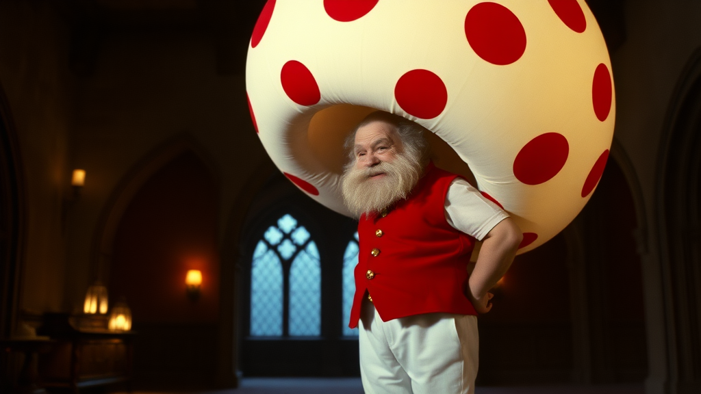 Interior. Dimly lit castle. 1980s movie. A human dwarf actor with white pants, red vest, and very large spherical hat that is white with large red spots.