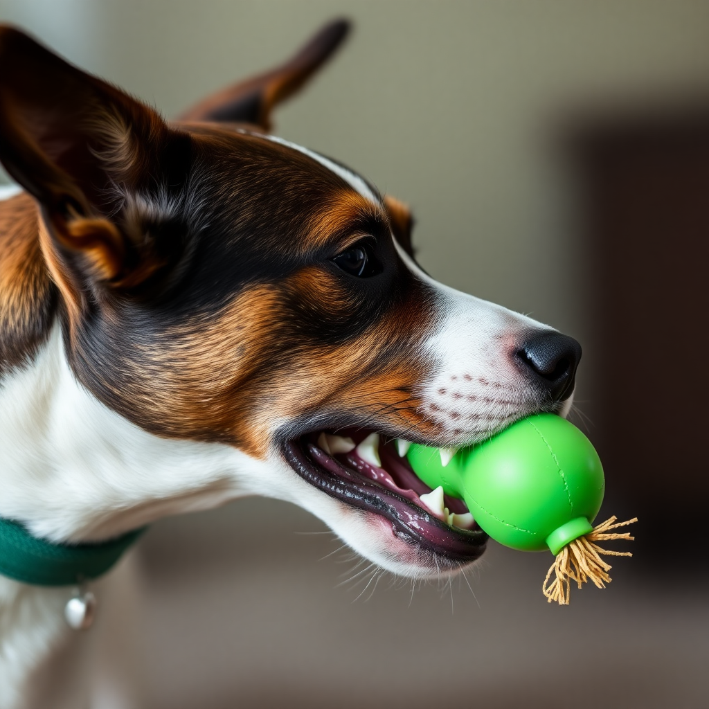 Dog biting a toy, close-up shot, side profile of the head, neck extended.