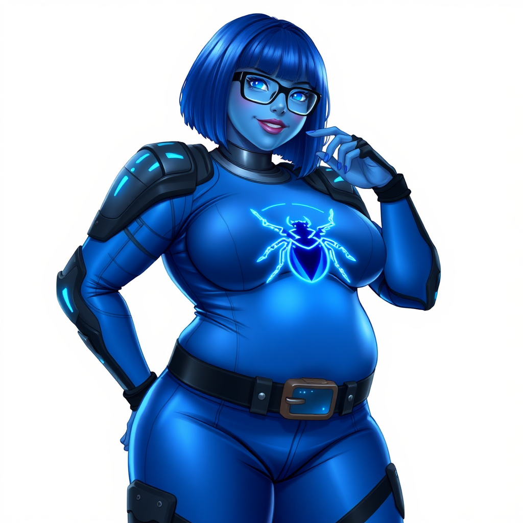 A 28-year-old, full-figured, metallic maximum blue (5PB 5/10) skinned computer program hybrid with a maximum blue bob cut. She has a non-athletic build, highlighted by a prominent, round midsection (with heavy emphasis on her round belly), which shows the effects of her love of junk food acquired from her boyfriend. As the full-figured, nerdy, digital sidekick to her cyberpunk vigilante boyfriend, her metallic maximum blue skin and maximum blue lipstick (5PB 5/12) emphasize her digital nature. Her skin has a subtle, animated glow, with digital patterns occasionally flickering across it, making her digital nature obvious. She wears a digital, computerized costume, consisting of a massive, tight-fitting, maximum blue biker shirt (5PB 5/12) made out of advanced nanotech with a neon blue glowing chest icon of a beetle, hi-tech shoulder pads with neon blue accents, a black hi-tech belt with a digital neon blue glowing buckle, digital maximum blue biker pants (5PB 5/12) with neon blue accents, and black hi-tech fingerless biker gloves with neon blue glowing accents. Her neon blue glowing eyes, black eyeglasses with neon blue glowing lenses equipped with a built-in HUD, and bashful smile with neon red blush accentuate her nerdiness. She stands bashfully with one hand behind her back and the other hand gently touching her cheek, her costume covering all her skin and emphasizing her full figure (especially her round belly). She is clearly non-athletic, with a focus on her full-figured physique. Despite her build, she radiates beauty. She has a slim face compared to her physique, accentuating her radiant beauty. She is on a solid white background. She is drawn as if she were in a retro 2D cyberpunk fighting game.