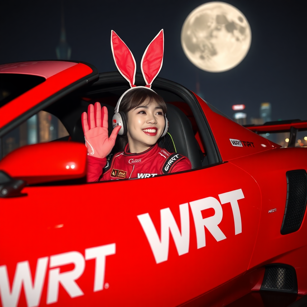 A red racing car with only "WRT" written on it, a beautiful Chinese female racer wearing rabbit ears, sitting in the car, laughing and waving her racing gloves. The red racing suit also only has "WRT" written on it, with the background featuring the night scenery of Shanghai and a huge moon.