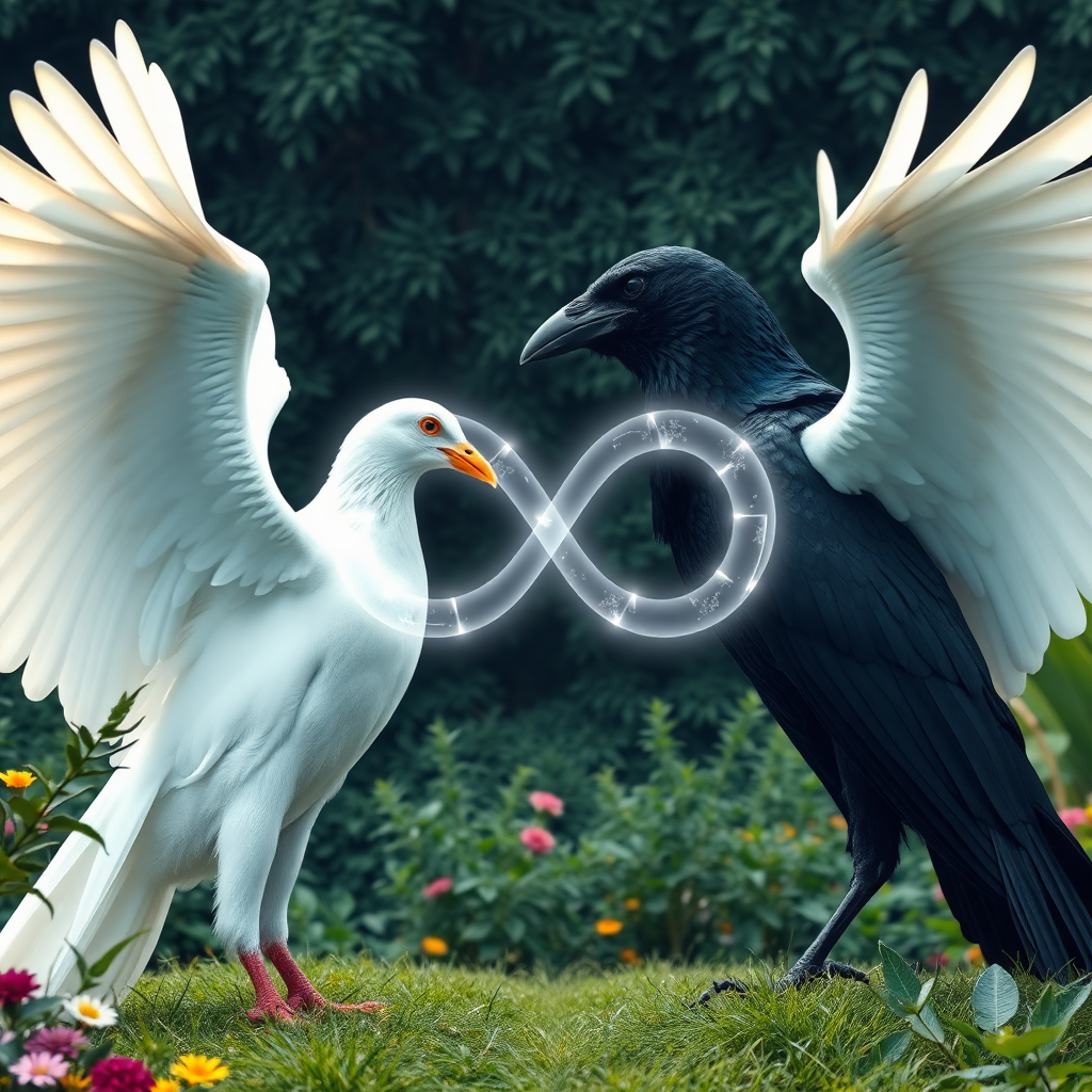 a huge white dove and a huge black crow standing facing each other within a clearing in an incredible lush garden, slowly flapping their powerful wings. The beak of the dove is touching the beak of the crow. There is a large abstract infinity symbol of wavy, transparent light energy that intersects at the beaks and covers the entire bodies of the birds