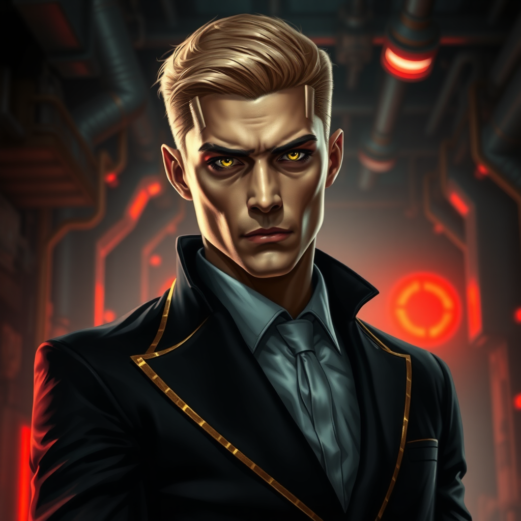 a dark and intense portrayal of the character Jackal from the Red Rising series. He is a cold, calculating figure with sharp features, and a cruel, piercing gaze. His left arm ends at the elbow. His blonde hair is neatly styled, adding to his sense of control and menace. His pupils are gold colored. Jackal should be dressed in sleek, futuristic formal attire accented with gold trim, hinting at his high status in the Gold society. The background should be an industrial scifi, futuristic setting, with dim, metallic tones and glowing red lights, symbolizing the dystopian world he manipulates. His expression should convey both intelligence and ruthlessness, and his body language should exude authority, as if he is always planning his next move. he is 19 years old, full body shot