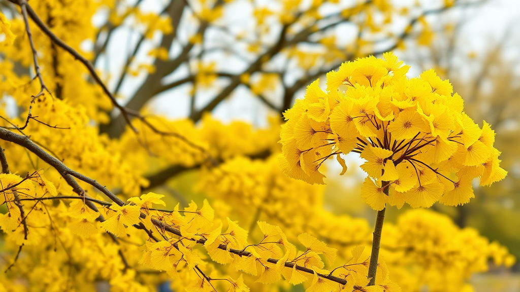 A life-like yellow ginkgo tree, with a large layout and a big yellow ginkgo tree positioned on the right, while ginkgo leaves are scattered below, and the background is expressed with out-focusing.