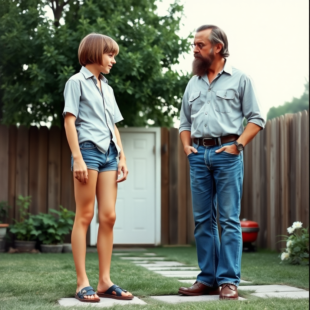 tall 14yo teen boy, long hair bob cut, wearing shirt and very tight booty shorts, long legs, narrow thighs, full-length front view. with bearded father wearing shirt, long jeans, shoes. looking at each other. 1970s. At backyard. photorealistic, ultra high resolution, 16K, Negative: grainy, blurry, bad anatomy, extra limbs, watermark.