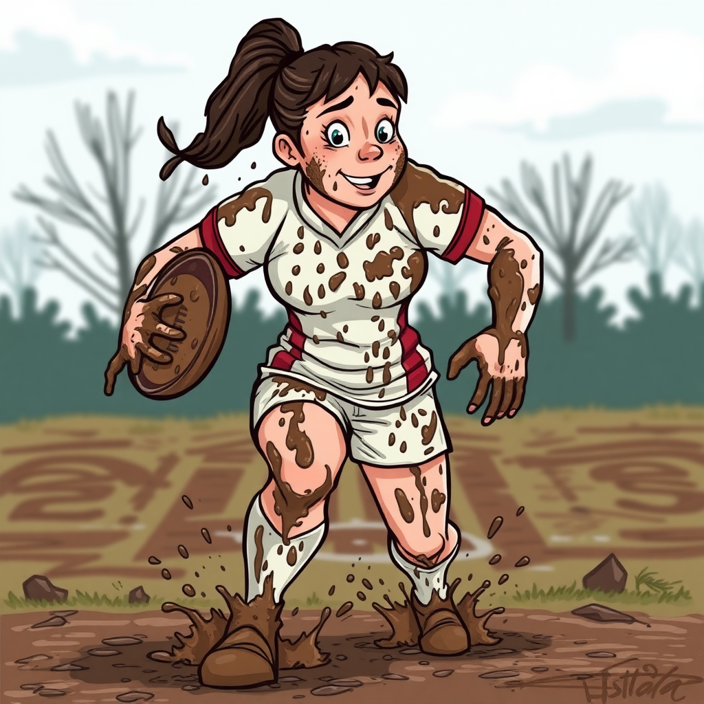 cartoon of very muddy woman rugby player, splattered and smeared head to toe with thick gooey mud, on a muddy rugby pitch