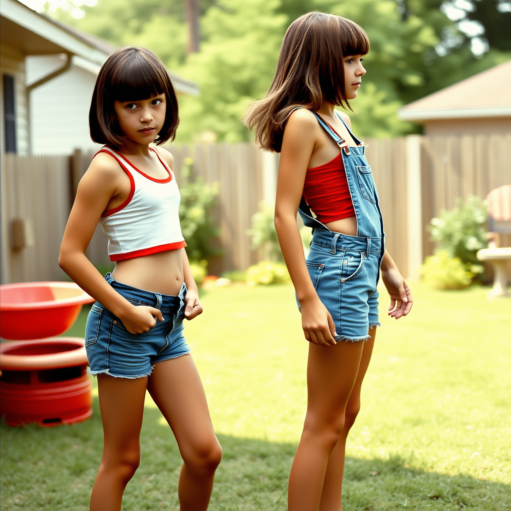 two tall 14yo teen boys, long hair bob cut, wearing crop tank top and very tight booty shorts or denim tight booty Shortall, long legs, narrow thighs, full-length front view. 1970s. Playing at backyard. photorealistic, ultra high resolution, 16K, Negative: grainy, blurry, bad anatomy, extra limbs, watermark.