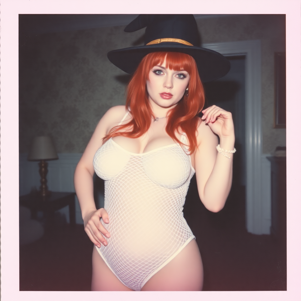 Scan of an old polaroid photo with heavy dark vignetting and a pink color tint to the photograph and visible light leaks. The photo depicts a sexy alt goth girl with pale skin and red hair. She has a plump booty. She has large breasts with ample cleavage and is wearing a white fishnet bodysuit. She is wearing a witch hat. The image looks hazy and grungy. She is in an old house with wallpaper on the walls. Dark lighting with camera flash used. Candid