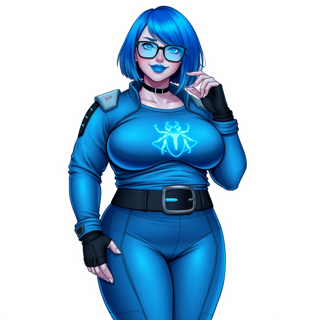 A 28-year-old, full-figured, metallic maximum blue (5PB 5/10) skinned computer program hybrid with a bob cut of maximum blue hair. She has a non-athletic build, highlighted by a prominent, round, large midsection (with a full emphasis on her round large belly), which shows the effects of her love of junk food acquired from her boyfriend. As the full-figured, nerdy, digital sidekick to her cyberpunk vigilante boyfriend, her metallic maximum blue skin and maximum blue lipstick (5PB 5/12) emphasize her digital nature. Her skin has a subtle, animated glow, with digital patterns occasionally flickering across it, making her digital nature obvious. She wears a digital, computerized costume, consisting of a huge, tight-fitting, maximum blue long-sleeved shirt (5PB 5/10) with a neon blue glowing chest icon of a beetle, hi-tech shoulder pads with neon blue accents, a black hi-tech belt with a digital neon blue glowing buckle, digital maximum blue pants (5PB 5/12) with neon blue accents, and black hi-tech fingerless biker gloves with neon blue glowing accents. Her neon blue glowing eyes, black eyeglasses with neon blue glowing lenses equipped with a built-in HUD, and bashful smile with neon red blush accentuate her nerdiness. She stands bashfully with one hand behind her back and the other hand gently touching her cheek, her costume covering all her skin and fully emphasizing her full-figured physique (especially her belly). She is clearly non-athletic, with a focus on her full-figured physique. Despite her build, she radiates beauty. She has a slim face compared to her physique, accentuating her radiant beauty. She is on a solid white background. She is drawn as if she were in a retro 2D cyberpunk fighting game. Ensure her skin has a maximum blue (5PB 5/10) skin tone.