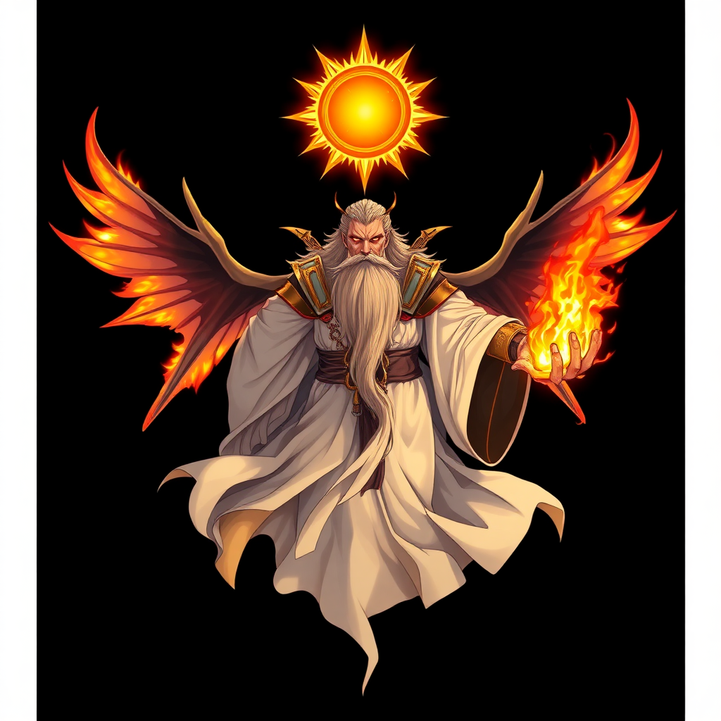 (Anime styled art) Black background of an ominous, divine yet malevolent being hovers mid-air, radiating an overwhelming presence. His four wings on his back blaze with fierce burning flames, while a fractured halo—resembling the sun—floats above his head. Clad in flowing robes of white, gold, and black that shimmer like solar flares, his long, ancient beard adds to his fearsome visage. His wrathful, ember-like eyes burn with fiery intensity, and in his hand, he grips a searing, solar flame that blazes in hues of yellow and orange, pulsating with destructive power.