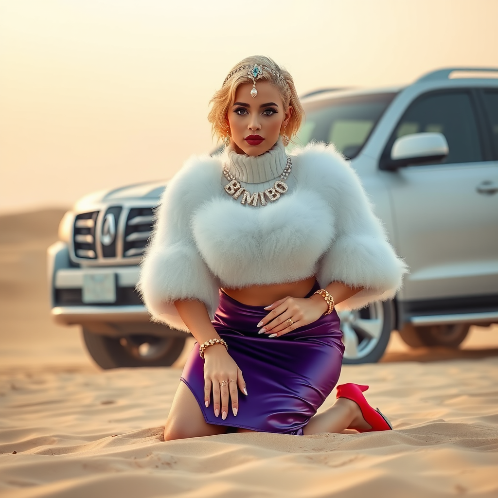 Kuwait desert dunes misty dawn, full size luxury SUV: Melissa, European 17 years old very convincing femboy “trophy-bimbo”, tamed servile docile, very beautiful feminine flawless face, rather short, by hormones very curvaceous womanly figured, platinum blond short tight curls, bold red lips, long white French nails, heavily made-up face, wearing Supertanya-style fluffy very fuzzy bright white angora turtleneck-poncho cropped ending under bust decorated with pearls and glass stones, very tight purple vinyl midi pencil skirt, bright red pumps with golden very high heels, white pearl belly piercing, full Oriental bridal jewelry including headpiece, nose-ring, coin wristlets, coin anklets, striking diamond “Bimbo” letter brooch on left chest, thick heavy pearl wristlets, pearl anklets, pout frustrated, kneeling in sand in front of SUV, looking at camera. Focus on face and turtleneck-poncho.