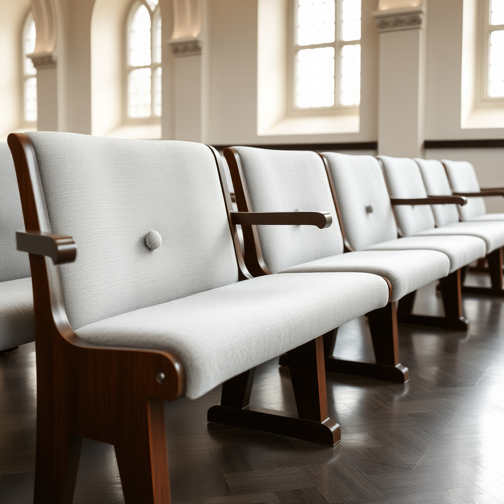 in a church benches in light grey fabric and dark wood frame