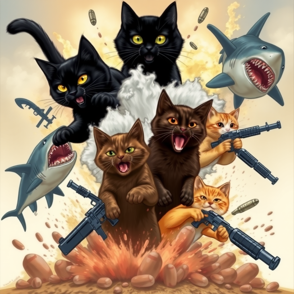 1 black cat, 1 dark brown cat, 1 light brown cat, and 1 orange cat emerging from an explosion with sharks and weapons.