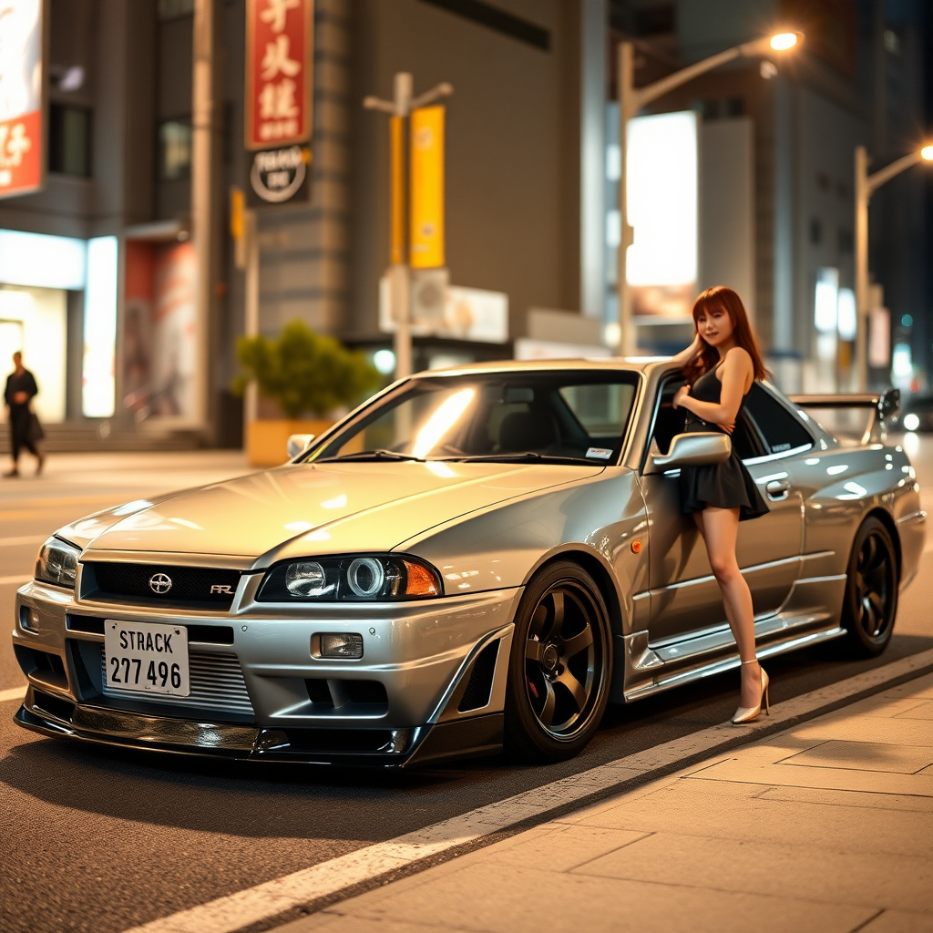 The car is parked on the side of the road, inspired by Taiyō Matsumoto, tumblr, restomod, nd4, c4 metallic shine gray black nissan skyline r34 tokyo night cosplay women background flawless fully complete detailed overall realistic details best photo pose.