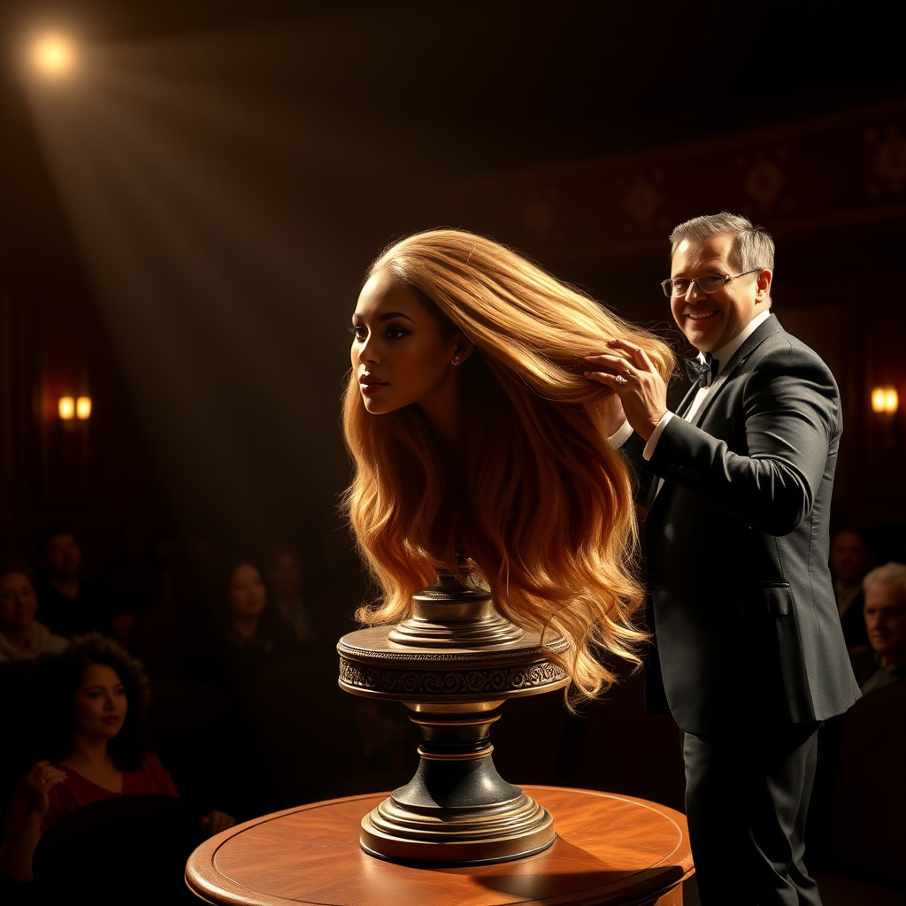 In a dimly lit theater, the atmosphere crackles with anticipation, the audience's murmurs a blend of curiosity and skepticism. On a grand, elegantly adorned display stand sits the disembodied head of the enchanting Beyoncé, her radiant skin glistening under the soft, warm glow of the spotlight. Her striking features are perfectly framed by cascading locks of lustrous, very long hair that shimmer with hues of light brown and hints of rich mahogany, reminiscent of polished silk.

Standing beside her is the magician, a charismatic figure in a sharp, tailored suit that glints with sequins in the light. With theatrical flair, he holds her voluminous hair aloft, fingers splayed wide, deftly spreading it out like a shimmering waterfall, mesmerising the audience. The hair flows like liquid night, each strand capturing the light as it falls gracefully to the ground, creating a stunning, almost surreal contrast against the stark wooden stage.

The magician’s face is lit with a confident smile, his eyes sparkling with the thrill of the performance, as he engages the audience with playful banter. Their gasps and laughter echo throughout the room, a symphony of wonder and disbelief. The scent of polished wood and fresh popcorn wafts through the air, mingling with the underlying electricity of the moment. Time seems to stand still as the audience leans in, captivated by the spectacle, a seamless blend of illusion and artistry that promises to defy reason and ignite imagination.