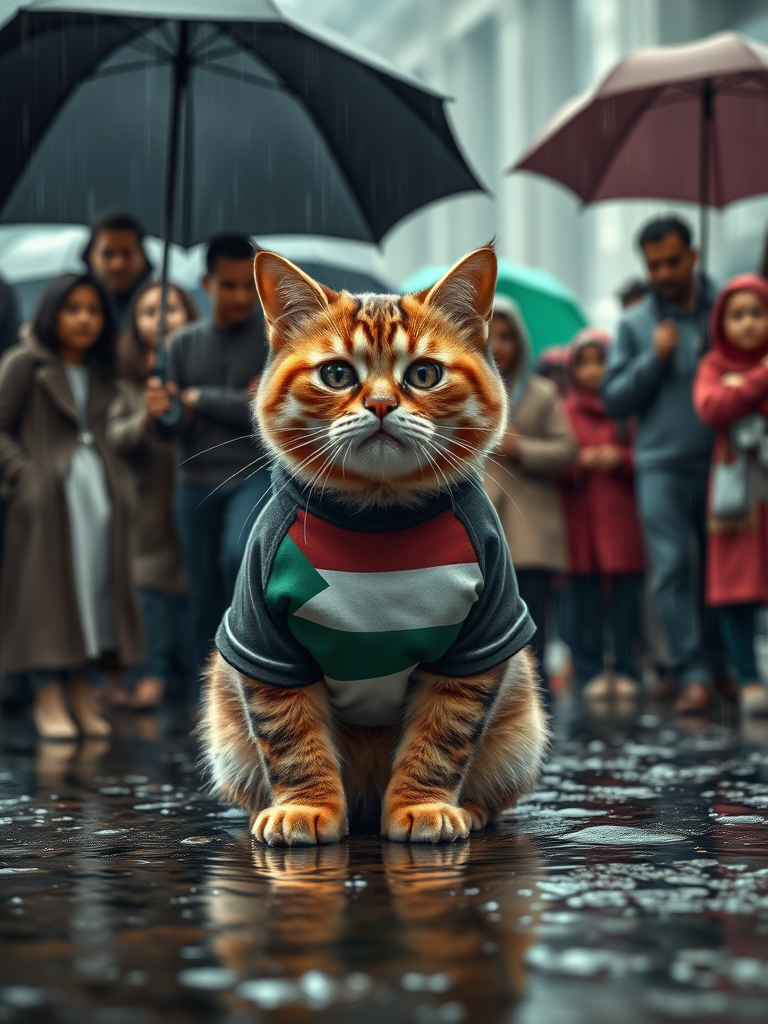 Create a realistic 4K image of a cat wearing a shirt with the Palestinian flag, sitting in the middle of a heavy rain. The cat has tears streaming from its eyes, expressing deep emotion. Surrounding the cat are a diverse group of people with concerned expressions, some holding umbrellas. The background should depict a rainy atmosphere, with puddles forming on the ground and raindrops visibly falling. The overall scene should evoke feelings of empathy and solidarity, capturing the poignant moment of connection between the cat and the people around it.