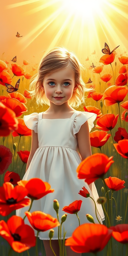 In a sun-drenched meadow, a young girl stands enchantingly poised among a vibrant sea of blooming poppies, their brilliant scarlet petals swaying gently in the warm breeze. She is clothed in a flowing white dress that billows delicately around her, the fabric catching the sunlight and gleaming with a soft, ethereal glow. The aroma of the poppies fills the air—a sweet, intoxicating scent that mingles with the fresh earthiness of the field.

Radiant beams of golden sunlight cascade down, illuminating the scene with a warm, inviting light that dances across the girl's delicate features. Her cherubic face is partially hidden by the lush poppies, yet her eyes—wide and shimmering with a mixture of wonder and pure joy—peer out, reflecting the brilliance of the surrounding blooms. The vibrant reds, contrasted against her white dress, create a stunning tapestry of color that draws the eye.

Around her, the melody of cheerful birdsong mingles harmoniously with the gentle rustle of the poppy petals, orchestrating a serene symphony that fills the tranquil atmosphere. The landscape sparkles with life, as fluttering butterflies meander between the flowers, their wings painted with the hues of a sunset.

Executed in the expressive style of Claude Monet, the painting features thick, dynamic brush strokes that capture the ever-changing play of light. Each stroke brings to life the textures of the flowers and grasses, emphasizing the fluidity of the moment. The overall scene is imbued with a sense of beauty and tranquility, inviting the viewer to immerse themselves in the joyful serenity of this idyllic moment in nature.