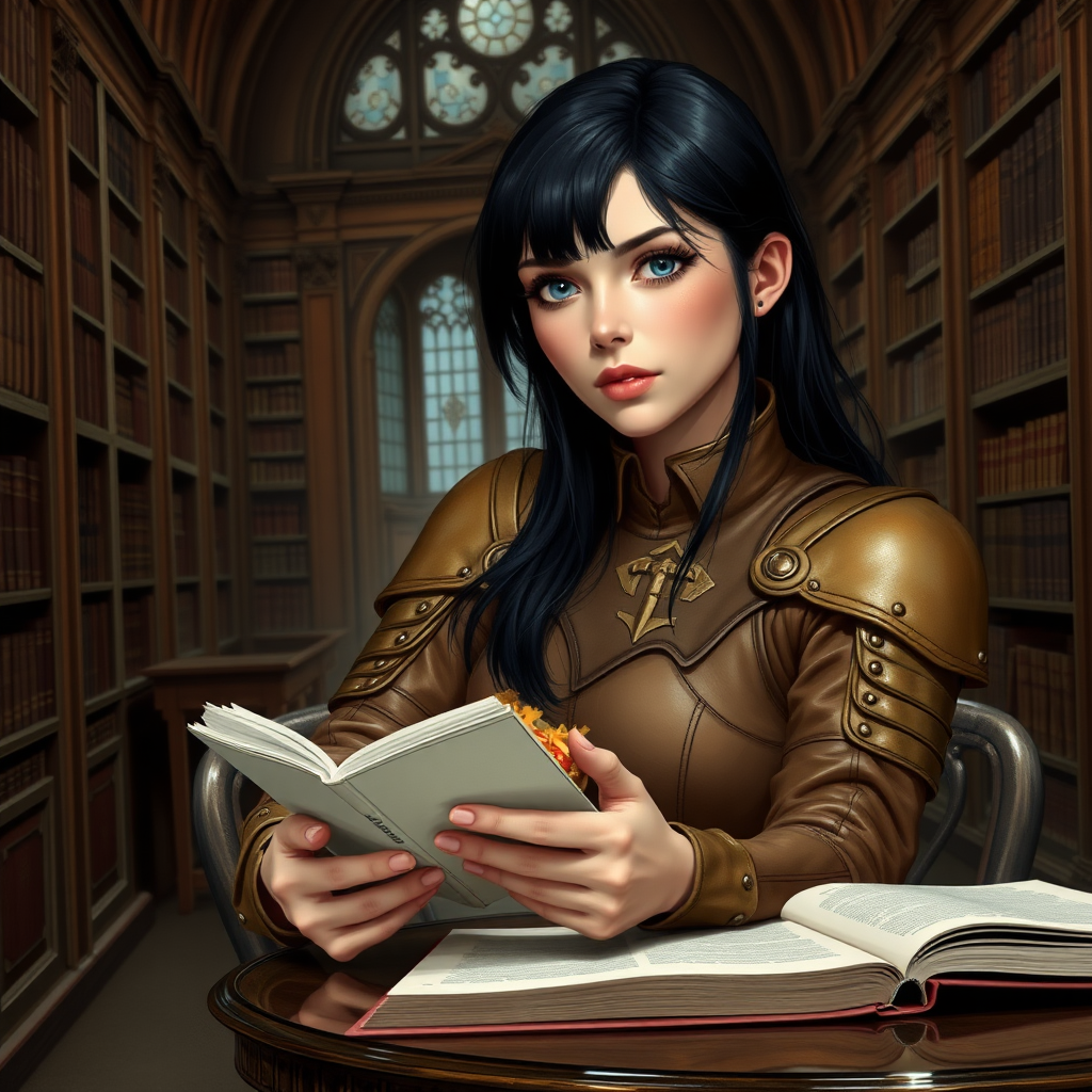 beautiful young woman, dark hair past her shoulders, blue eyes, small, slim figure, wearing full, light-brown leather armor suit, sitting at a table reading a book with a sandwich, in a grand old library.