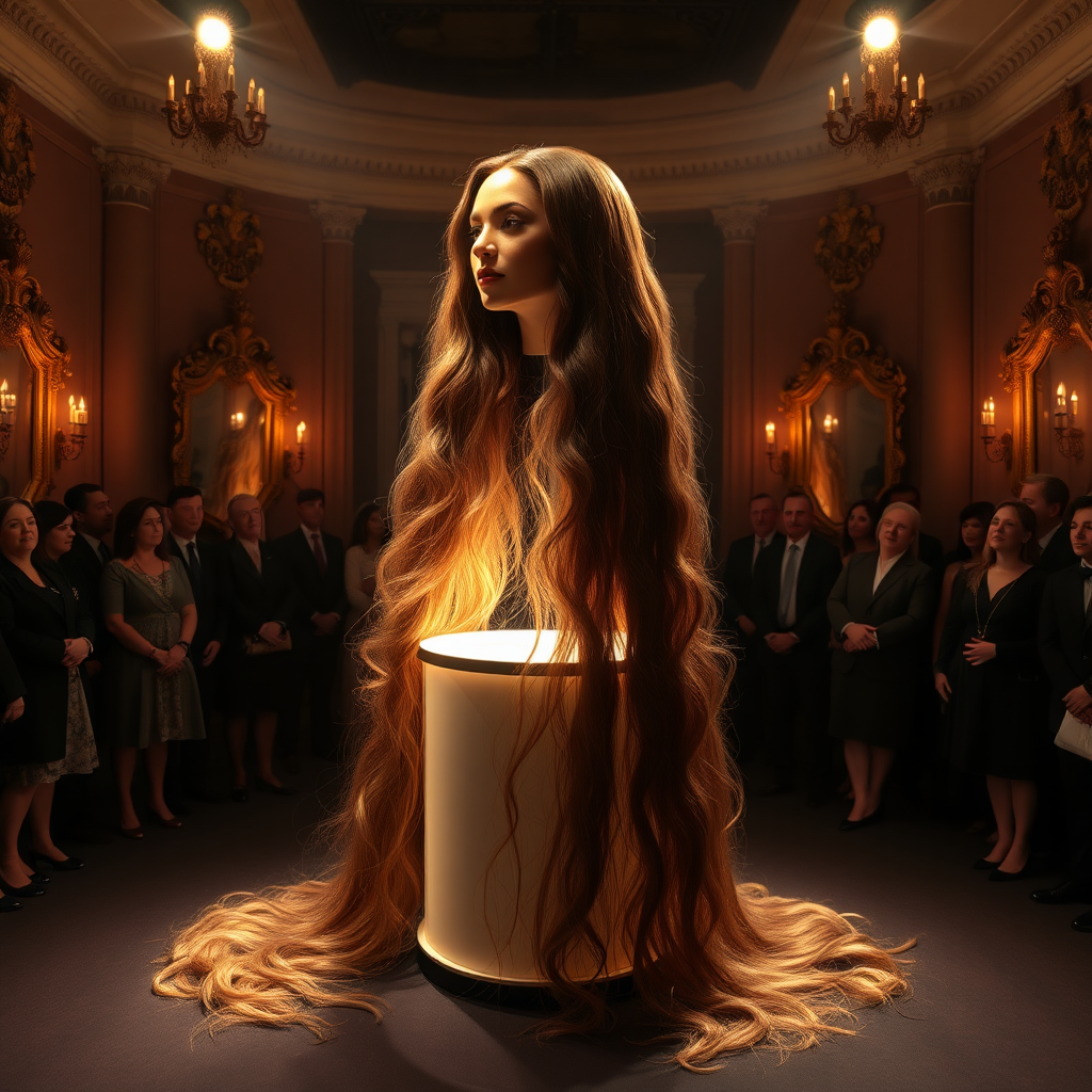 In an enchanting exhibit of a unique long hair fetish museum, a stunningly elaborate magic trick captivates the audience’s attention. At the center of the dimly lit space, a gracefully illuminated stand showcases the ethereal figure of Beyoncé’s disembodied head, framed by cascading waves of her lustrous, very long hair that cascades down like shimmering silk. The hair, glistening under soft, warm spotlights, exhibits hues of deep mahogany with subtle hints of golden highlights, creating an almost hypnotic effect.

Surrounding the stand, walls adorned with gorgeous, vintage mirrors reflect the shimmering locks, amplifying their beauty and allure. The hushed whispers of intrigued onlookers blend with the distant soft strains of classical music, enhancing the atmosphere of wonder and awe. The air is scented lightly with a blend of fresh flowers and rich sandalwood, creating a serene environment that feels both magical and slightly surreal.

As the audience watches, the hair seems to sway gently, as if a life of its own, evoking a sense of wonder and curiosity. The performer, dressed in an elegantly tailored suit, adds to the mystique as they skillfully manipulate the setup, their swift movements punctuated by gasps of disbelief and excitement from the crowd. This moment encapsulates a fusion of artistry and illusion, capturing both the essence of beauty and the intrigue of the extraordinary.