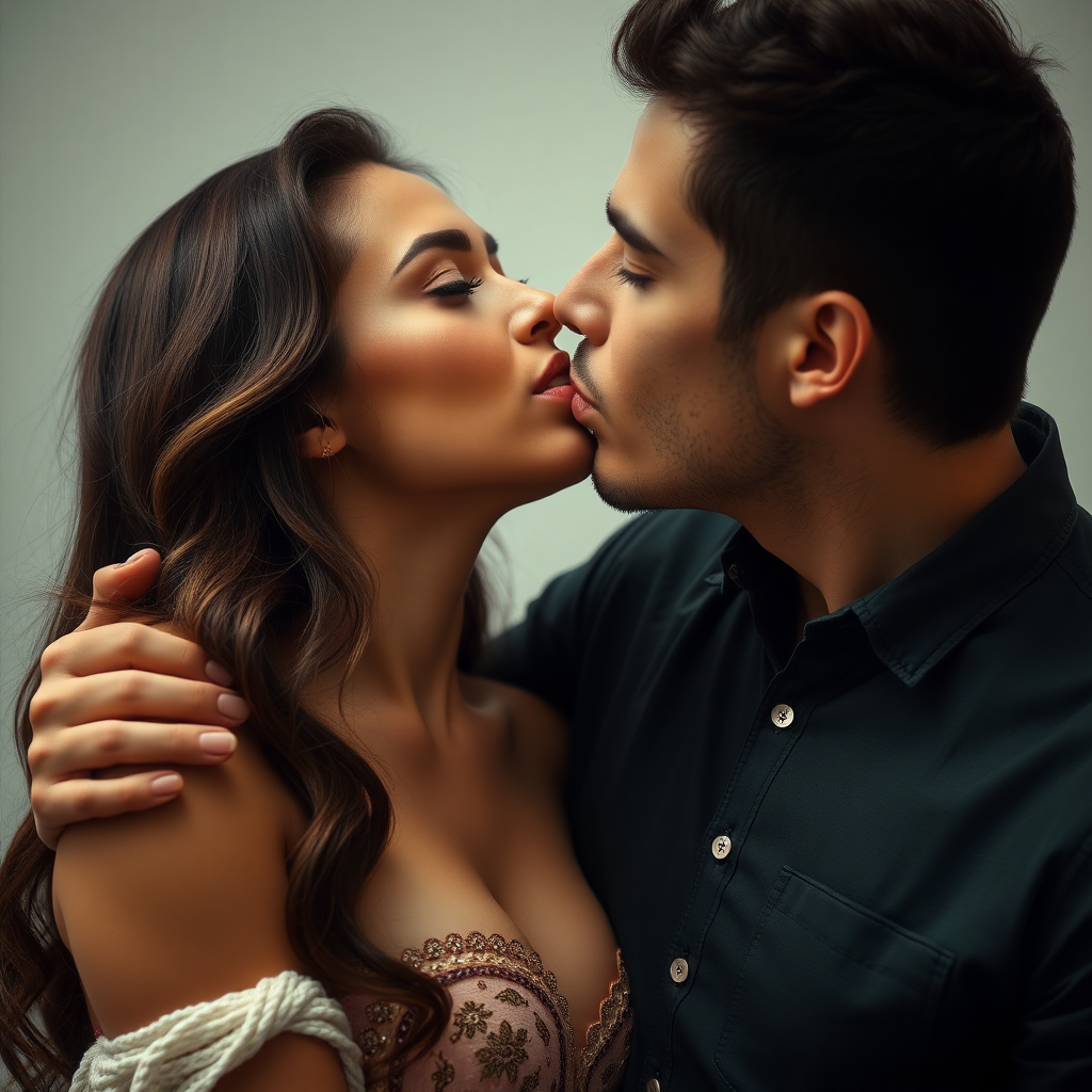 A man kisses a beautiful woman's chest.