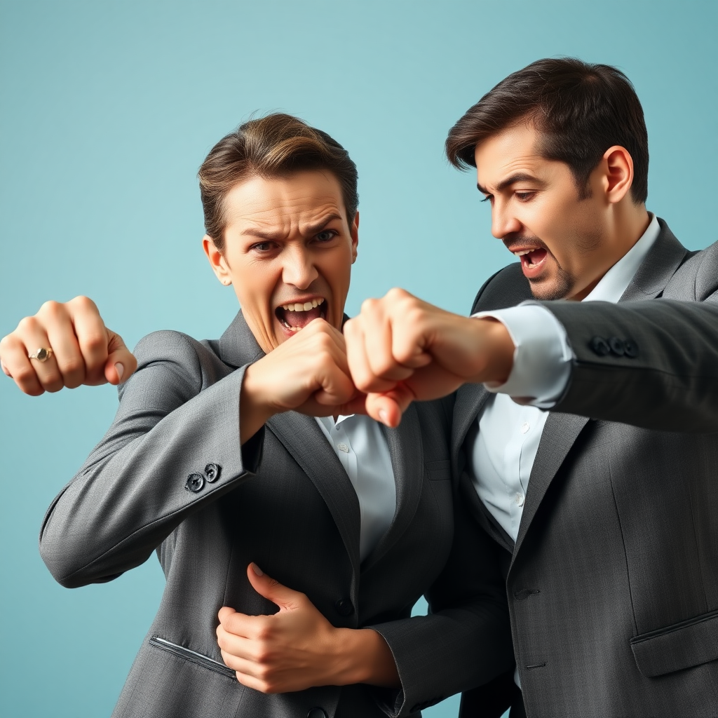 mature attractive business woman punching a man in the face, the fist is hitting his angry face and making strong impact, he looks visually disturbed