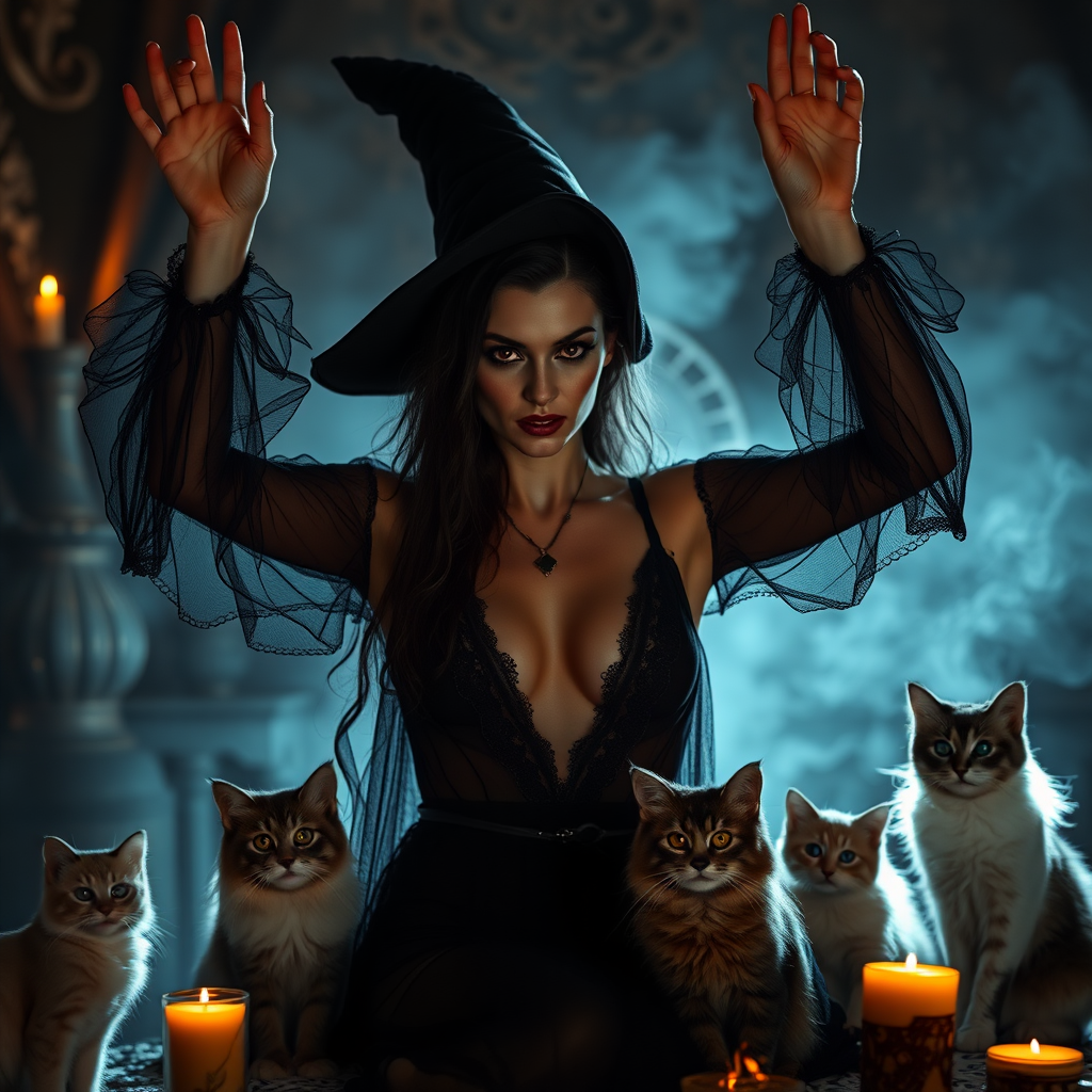 Imagine: An elegant witch with a beautifully sinister face, both arms up menacingly at the viewer, intensely with one arm up high in the air. She's wearing diaphanous negligee. Cosplayed by a Romanian dancer. The scene is dramatically lit and filled with amazing details and the tools of the witchcraft trade. Several Siberian cats do her bidding.