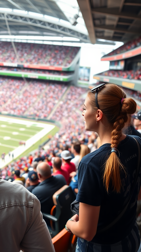 Attractive female NFL fan, pigtail hair, talking with friends, inside crowded bleachers, NFL stadium