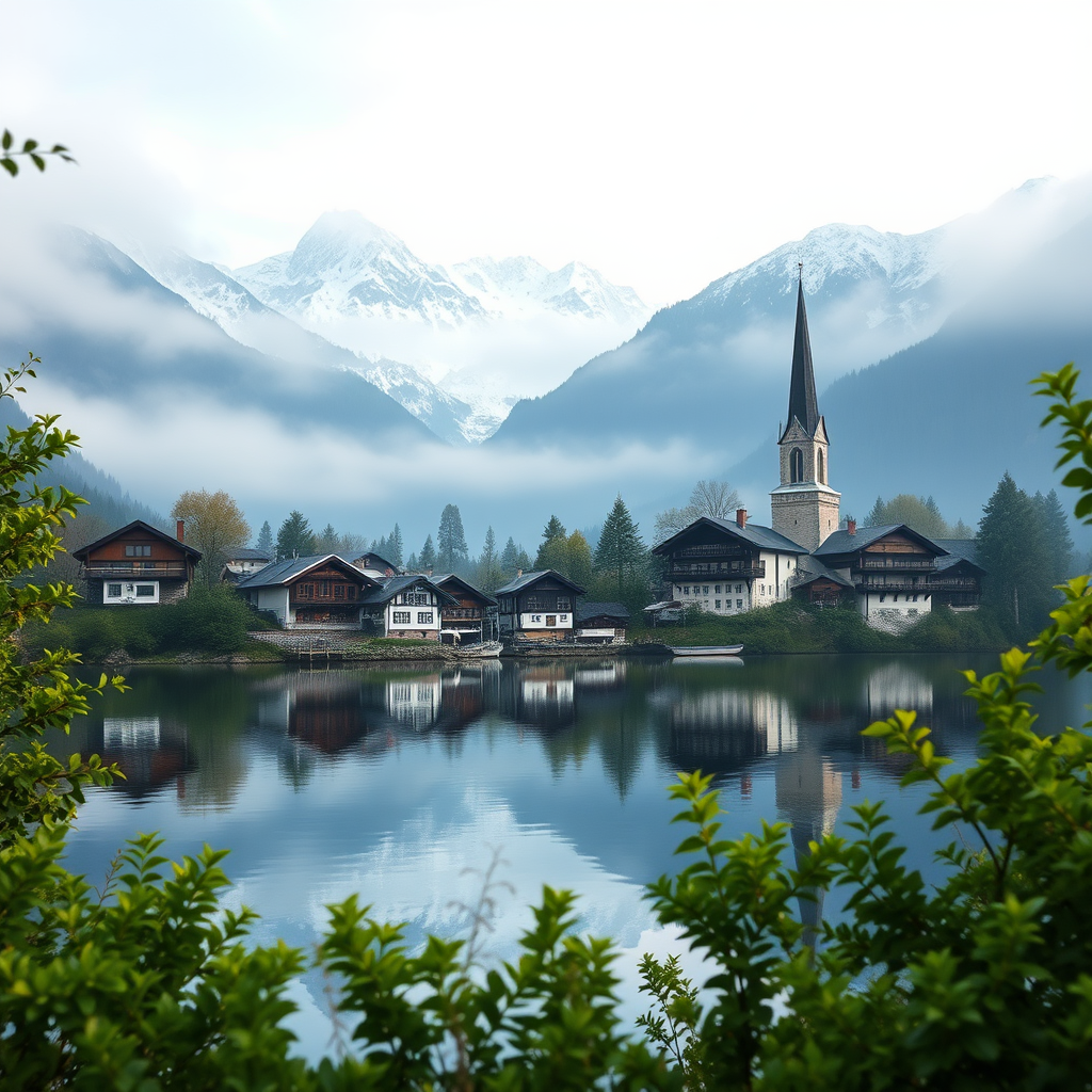 A tranquil alpine village nestled by a serene lake, surrounded by snow-capped mountains. The scene captures a soft, misty morning atmosphere with a blend of cool blues and whites dominating the palette. Reflections of the mountains and quaint houses shimmer on the still water surface. The architecture showcases traditional wooden chalets and a prominent church with a tall spire, harmonizing with the natural landscape. Lush green foliage frames the scene, adding a touch of warmth to the cool tones. The overall aesthetic leans towards hyperrealism, emphasizing intricate details in the mountains and water reflections, creating a dreamlike quality.