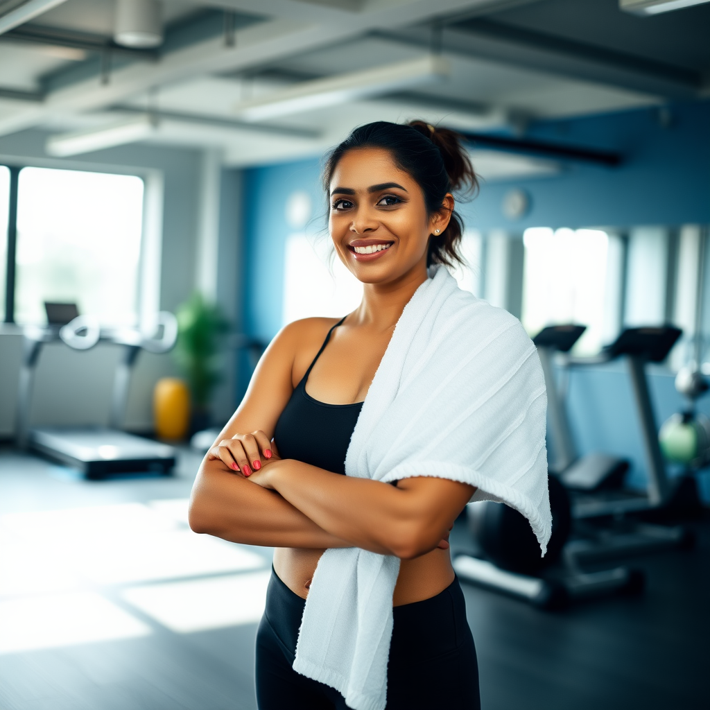 Indian wife, wearing towel, standing in gym