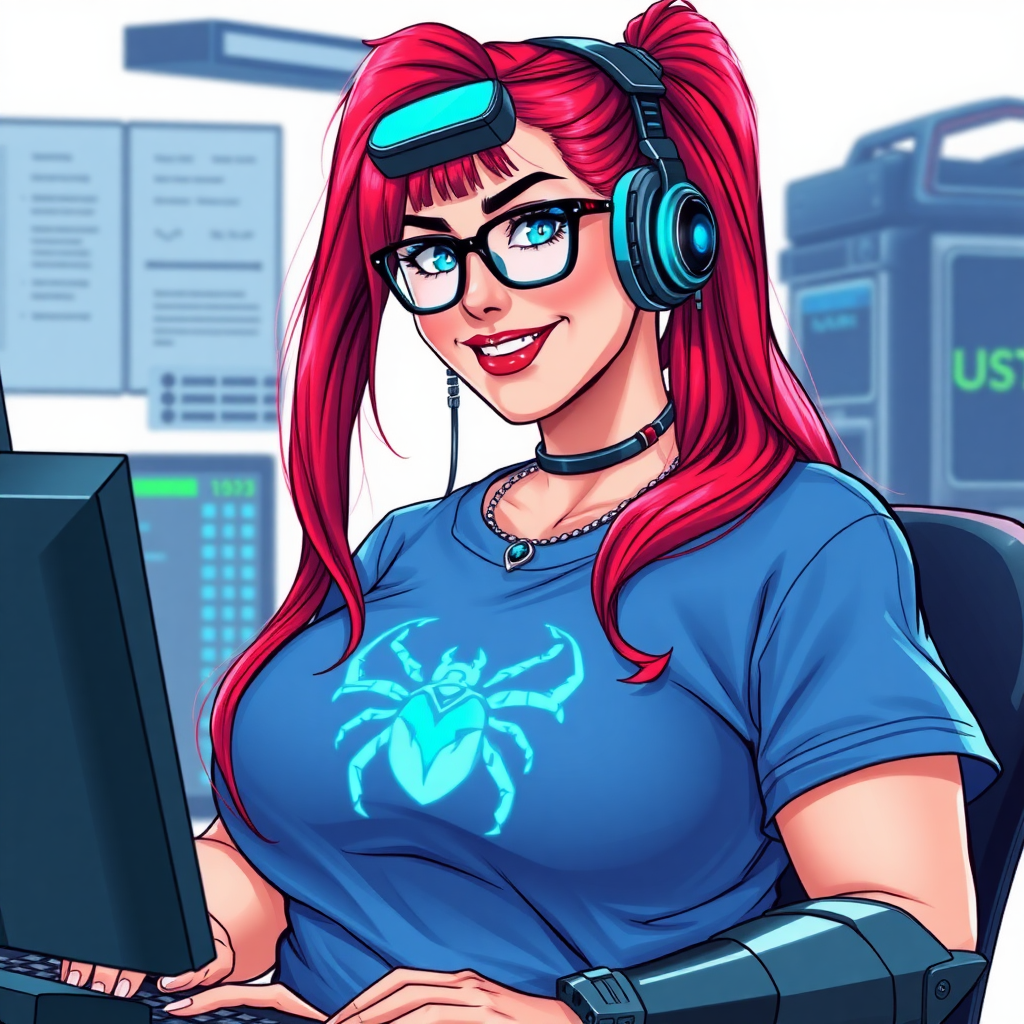 A cyberpunk vigilante’s full-figured intelligent and tech-savvy 29-year-old girlfriend, who is a computer hacker and tech genius. She has a long ruby red ponytail and bright blue eyes. She wears maximum blue lipstick, a sapphire beetle gemstone necklace, sapphire earrings, black eyeglasses, hi-tech metal arm armor, and an oversized maximum blue t-shirt featuring a neon blue glowing icon of a scarab beetle on its chest. She has a full-figured physique with a giant, round midsection, reflecting her well-cared-for lifestyle. She sports a sapphire headset with a hi-tech maximum turquoise lensed HUD, and a beaming smile with a passionate bright red blush. She serves as his tech expert from his hideout, diligently working at her lab table and computer desk. The background is solid white. She is drawn as if she was in a retro 2D cyberpunk fighting game.