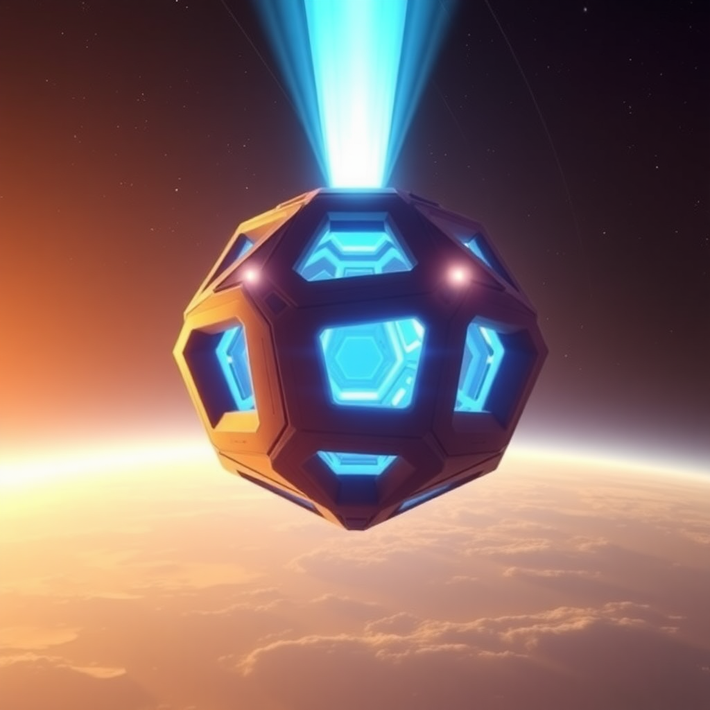 a power source in the shape of an icosahedron. it looks like a spacecraft, with sci-fi design. inside is glowing blue. the object is gigantic, and floats in space