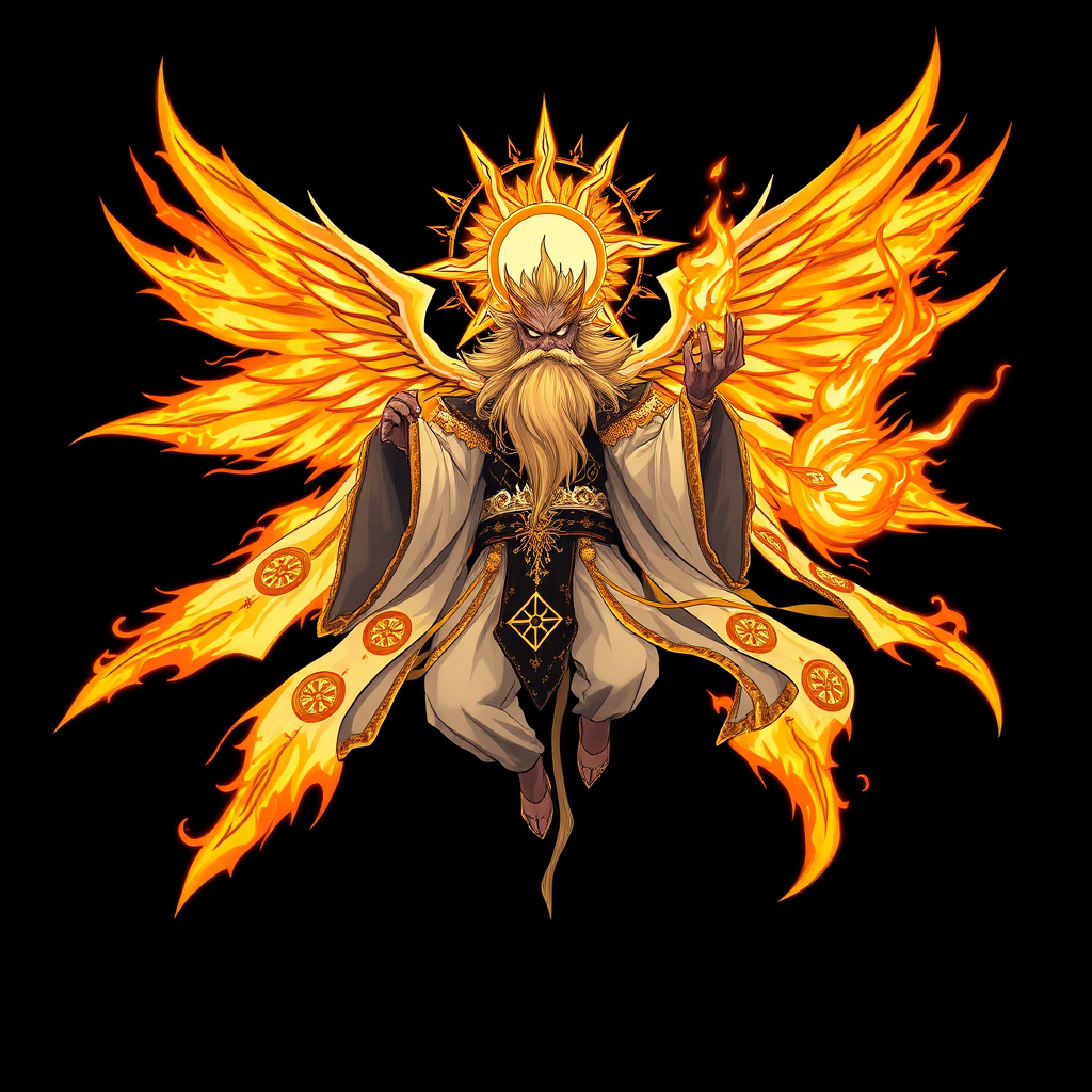  (Anime styled art) Black background of a A divine yet malevolent entity, embodying both holiness and corruption, floats ominously in mid-air. Four blazing, fiery wings radiate intense solar energy, while a shattered halo resembling the sun hovers above its head. Clad in flowing robes of white, gold, and black with solar patterns, the being's long beard sways as its wrathful, ember-like eyes burn with fury. In one hand, it grasps a searing solar flame, glowing in vivid shades of yellow and orange, exuding a powerful and foreboding energy.