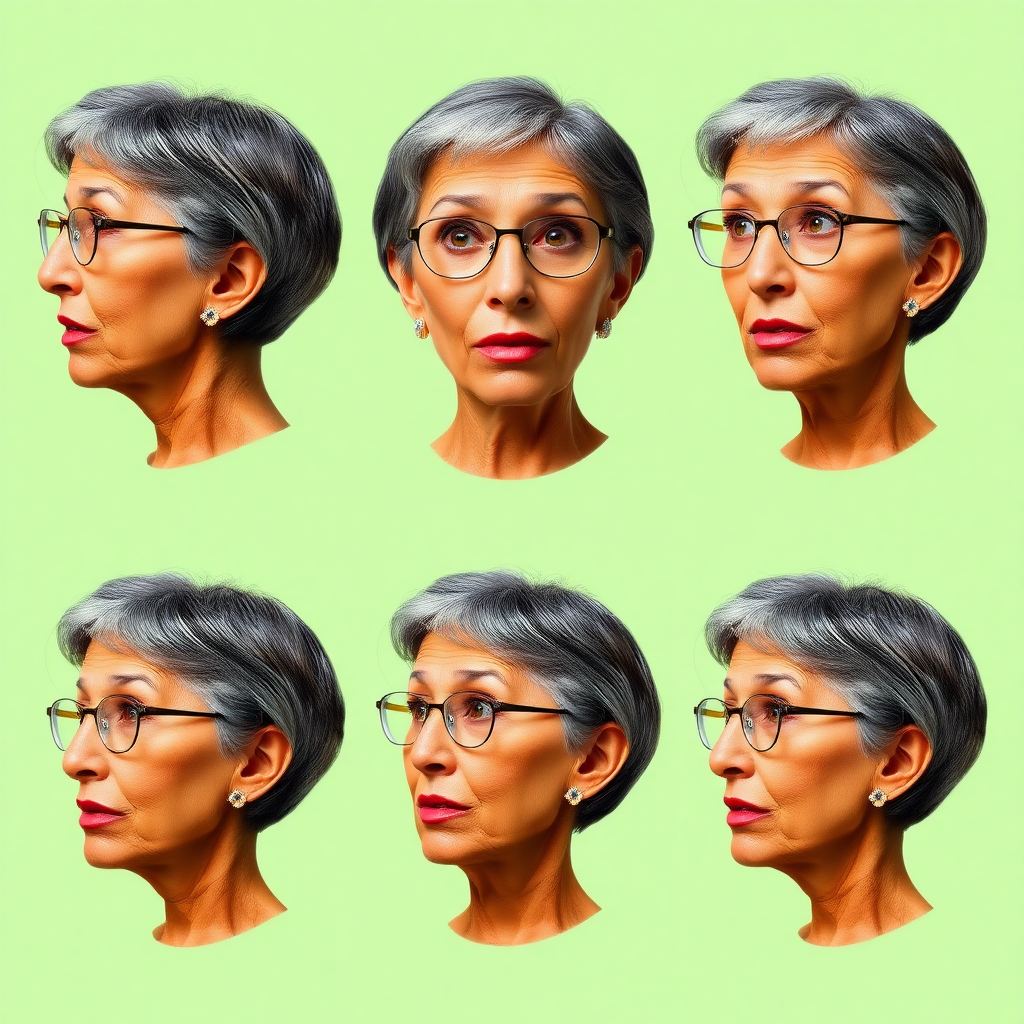 Photorealistic image of six headshots of a 50 Years old, fit, European, Latina, sharp aquiline nose, wrinkles, high cheekbones, Middle Eastern, Skinny, Tanned skin, Dark light skin, full Makeup, jewelry, Sharp nose, exaggerated expression, surprised, astonished, delighted, dark grey Ash hair, short bowl haircut, Brown eye color, Glasses, with detailed features. Each photo displays the same face in back, profile and front view, cut out and isolated on a green background. All six heads are visible side by side, empty space around each view, no overlapping.