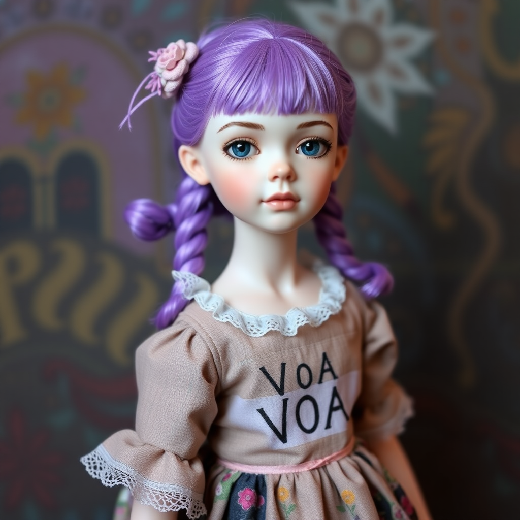 ooak art doll, artist doll, realistic doll, life-like porcelain doll, young preteen girl, unique personality, bisque doll, text "VOA" on dress, vibrant colors, aesthetic art