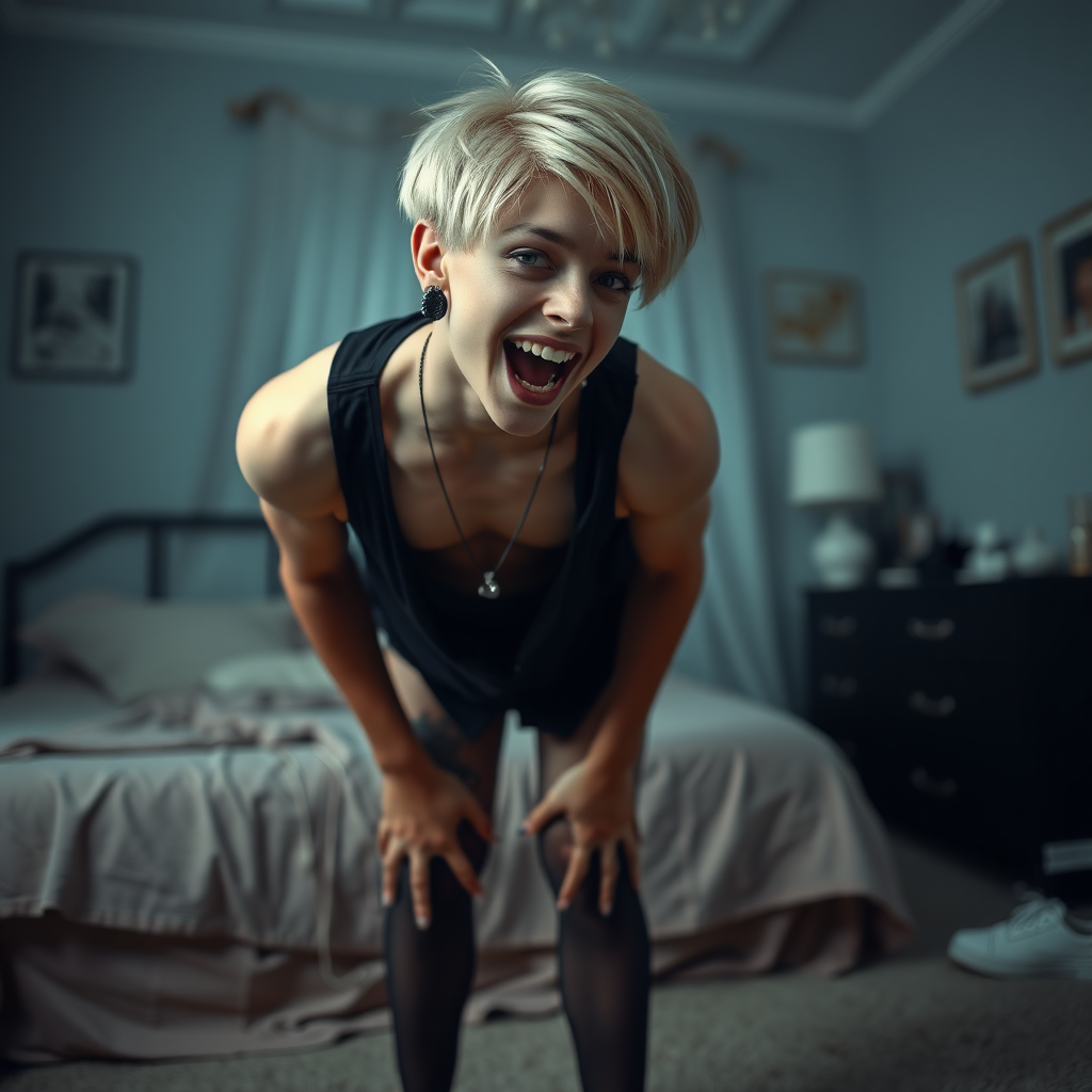 photorealistic, ultra high resolution, 16K, surreal fantasy, studio lighting, a pretty 16 year old goth male, slim male physique, short blonde hair, goth makeup, earrings, pantyhose, white ballet shoes, in the bedroom - he is bending forward, excited smile, facing the camera.