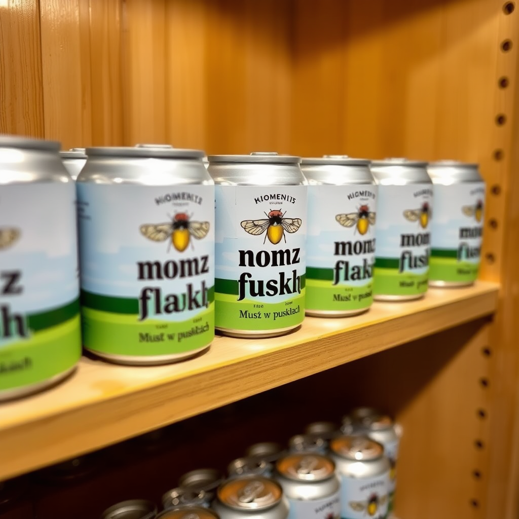 a small shelf with cans that have an image of home fly on the label and text saying "musz w puszkach", the text should say "musz w puszkach" with no errors, musz w puszkach, musz w puszkach, musz w puszkach, musz w puszkach