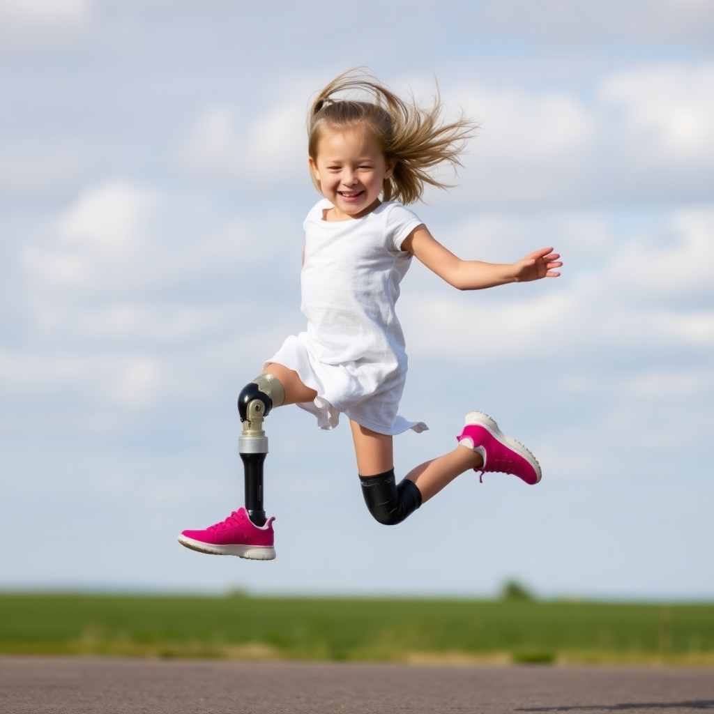 A girl with a leg amputation is jumping without using a prosthesis.