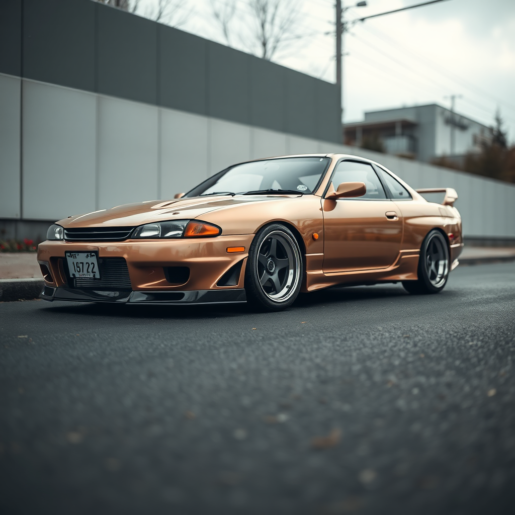 metallic shine nissan silvia s14 the car is parked on the side of the road, inspired by Taiyō Matsumoto, tumblr, restomod, nd4, c4 cold colors