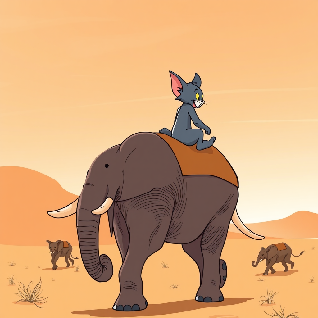 Tom and Jerry on an elephant's back in the Sahara.