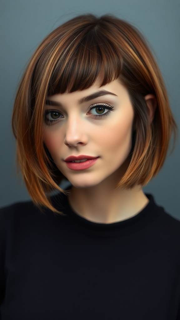 Gorgeous model Anne Hathaway with a bowl cut hairstyle featuring different shades of color, with autumn chestnut foliage, in high definition.