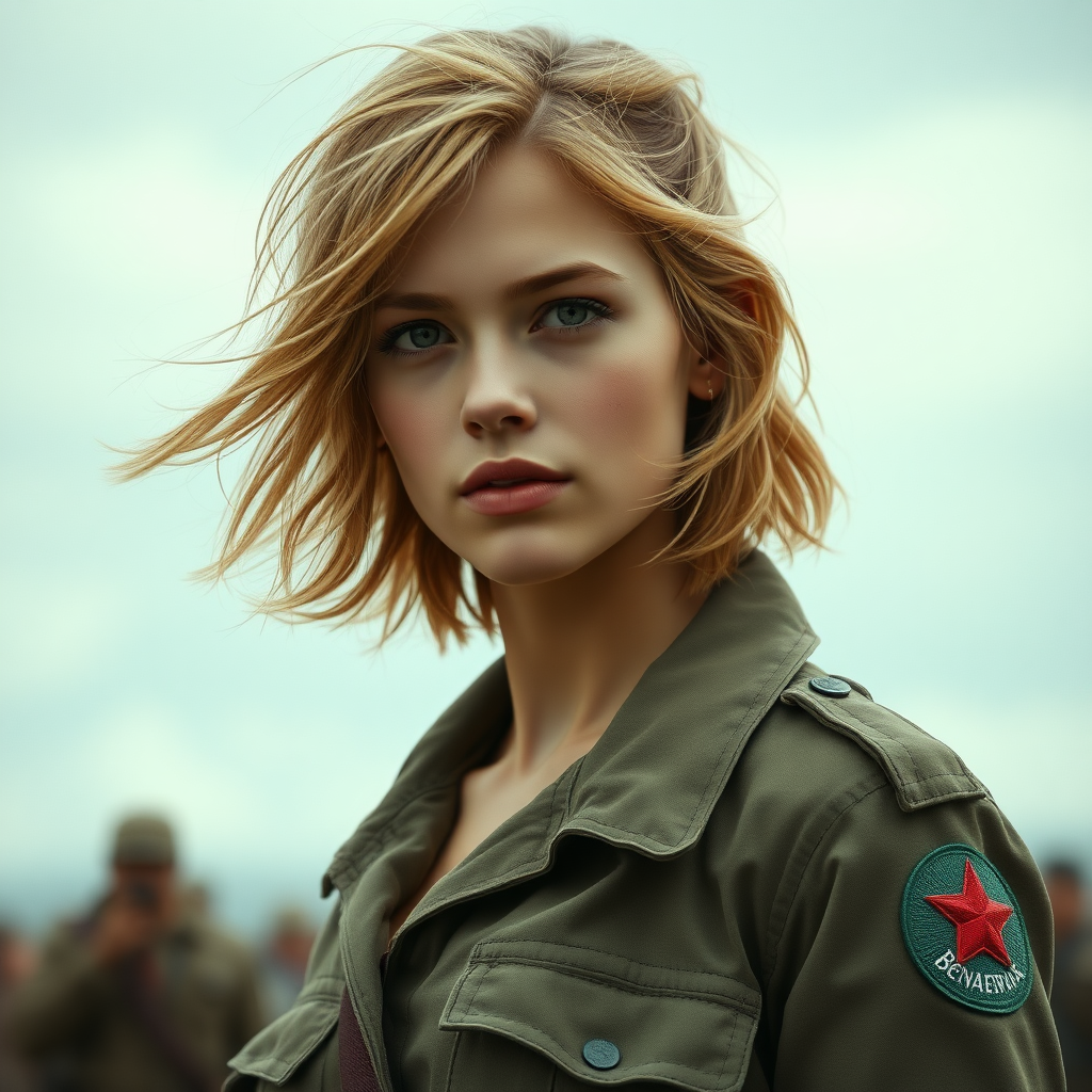 A full body shot of a pretty twenty-something female with a face resembling (ana de armas). strawberry blonde messy shoulder length hair tussled by wind. military outfit, "Benaenae" badge on the breast pocket. Hyper-realistic, Photorealistic digital matte painting, soft focus, film grain, lens flare. gritty, dirty, scuffed.