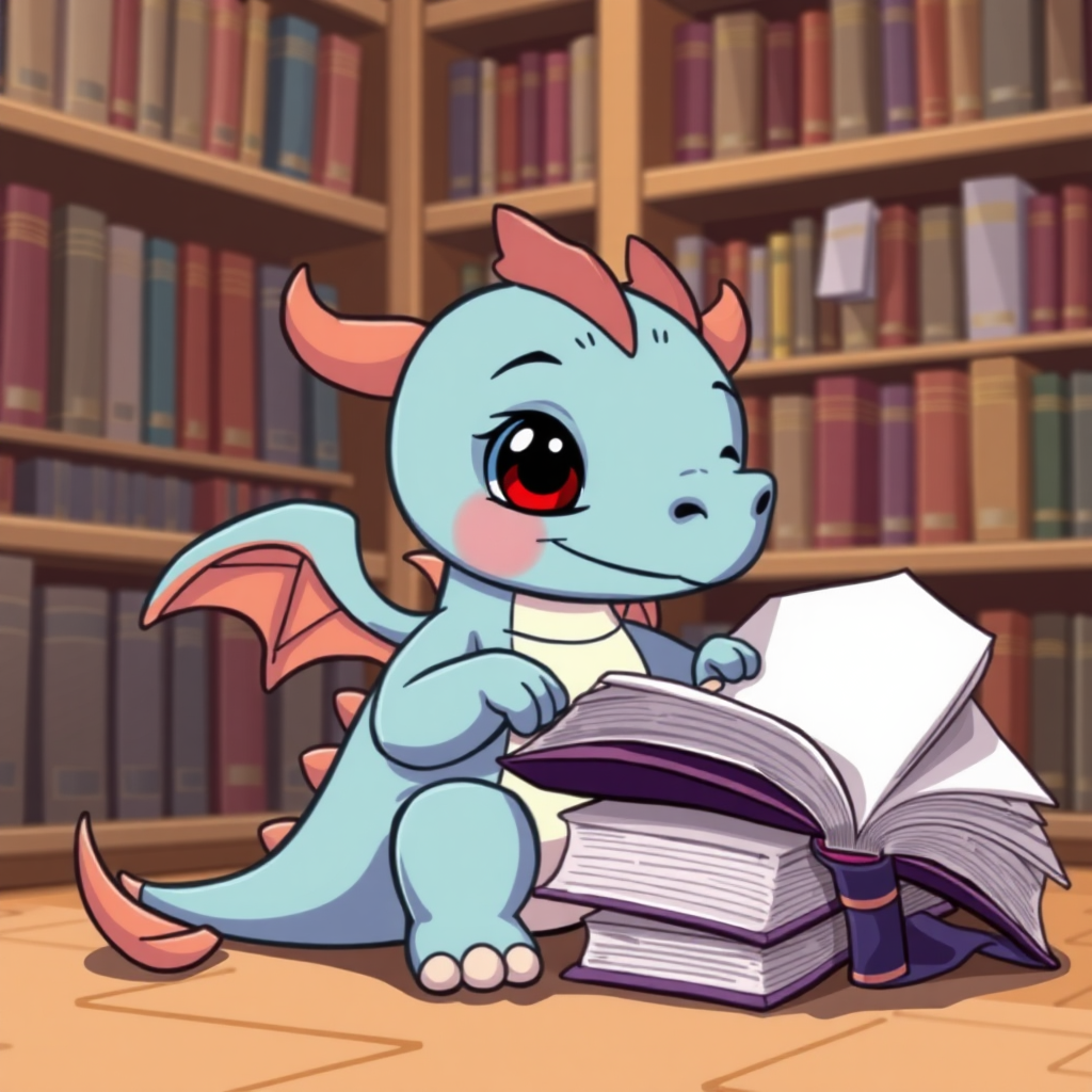 A cartoon bored purplish blue small dragon with two legs, two arms, black eyes with red pupils and wings in a library reading from a large book that is sitting on the ground beside him.