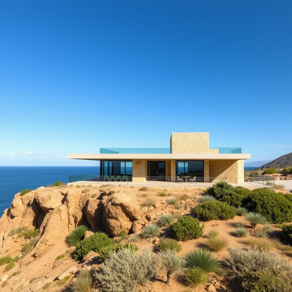 design a 1 story beach home that maximizes the view of the Sea of Cortez. The house has 1 bedroom and sits on a 70 foot high bluff. It is constructed from concrete and stone and has a large deck.