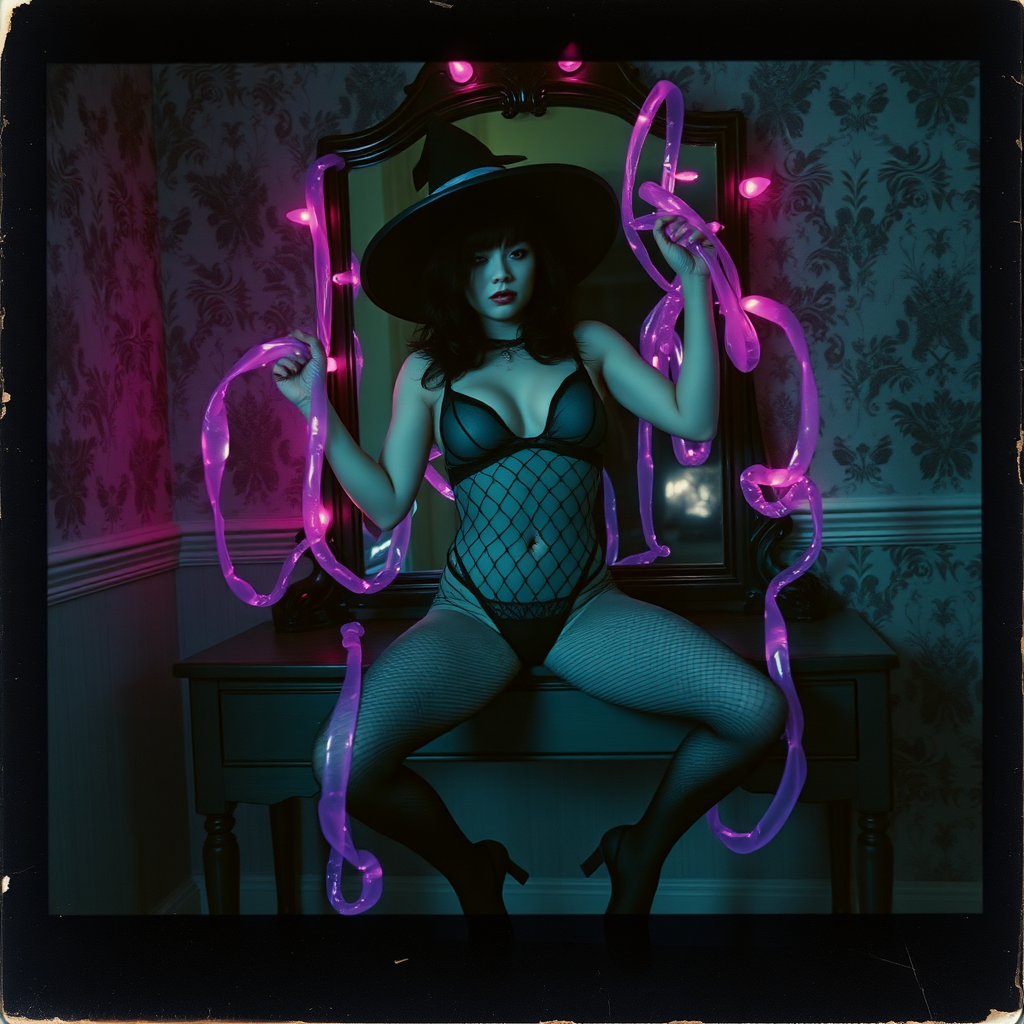 Scan of an nsfw old polaroid photograph with visible wear and heavy vignetting and blue color tint and light leaks, depicting a sexy pale curvy alt goth girl with black hair wearing skimpy fishnet black bodysuit and gstring revealing her nipples and wearing black stockings and high heels, sitting on a builtin vanity with mirror in old house with wallpaper on walls with her knees spread apart.  Camera flash used.  Dark lighting.  Moody and hazy.  Grunge look.  Erotic.  Nude. Pink Christmas Lights on wall.  She is wearing a witch hat and is being restrained by giant glowing translucent slimy purple tendrils coming from inside the mirror, wrapping around her arms and legs and torso.  The tendrils are pulling her back towards the mirror.