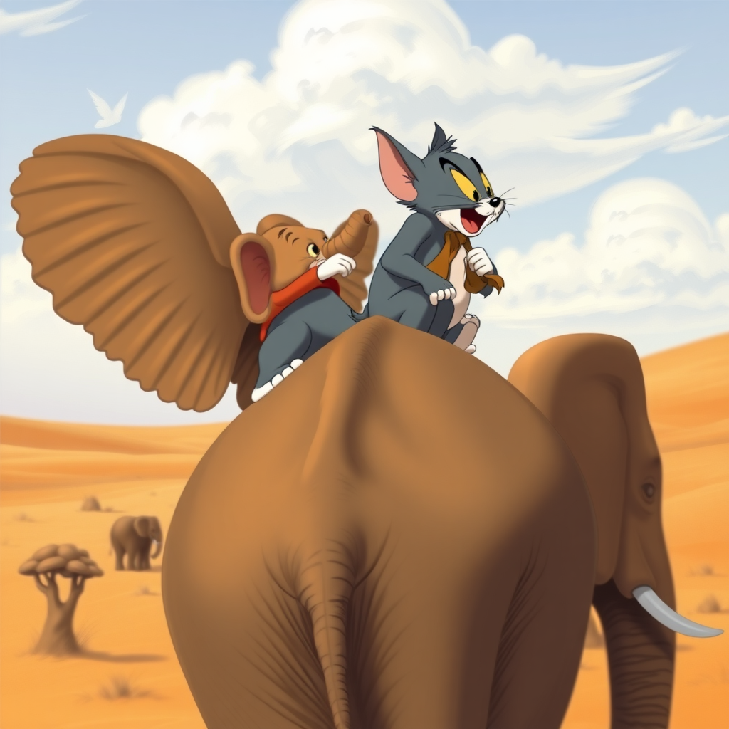 Tom and Jerry on an elephants back in the sahara.