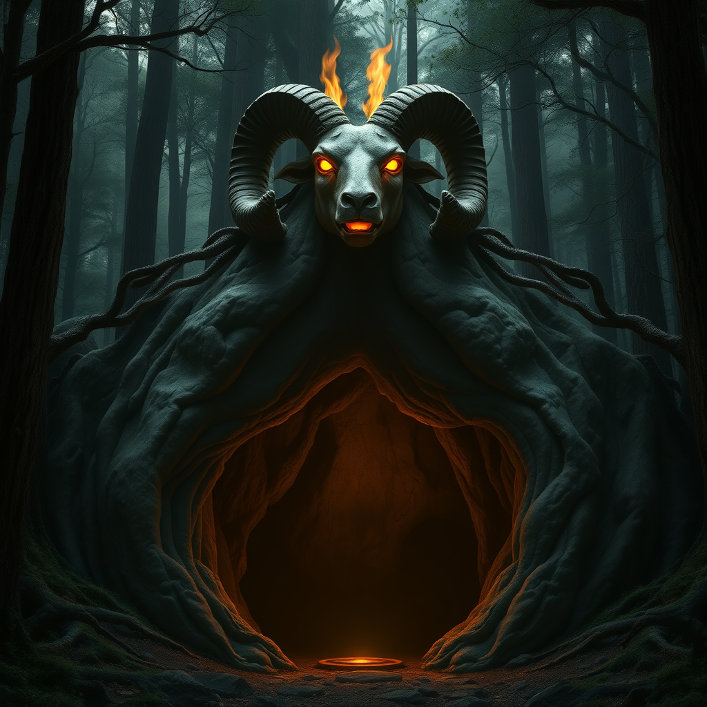 This concept features a high-quality depiction of a mysterious and dark cavern entrance set deep within an ancient forest. The entrance is intricately shaped to resemble a woman’s vulva or vagina, carved naturally into the earth, with an aura of reverence and mystique. The edges of the cavern are soft and smooth, giving it a surreal, organic quality. A faint, ethereal glow emanates from within the entrance, casting subtle light that highlights the cavern's unique shape and creates an inviting yet eerie atmosphere.

At the very top of the entrance stands a large, imposing stone statue of a ram's head, with massive curling horns that spiral outward. The ram's eyes and mouth burn with an intense, fiery glow, as if the statue itself is alive with ancient power. The flickering flames within its hollow sockets give off a menacing warmth, adding to the unsettling yet awe-inspiring scene.

The surrounding woods are dense, with tall trees looming over the cavern, their branches casting long, dark shadows across the forest floor. The combination of the forest’s natural beauty and the strange, glowing cavern gives the setting a haunting yet enchanting feel, blending nature and the mystical in a way that evokes both wonder and fear.