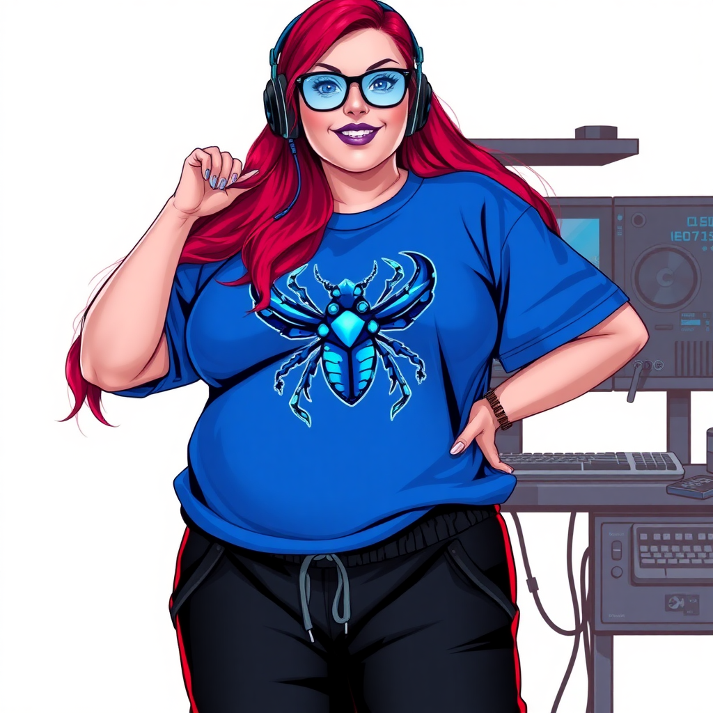 A cyberpunk vigilante's 28-year-old computer science major, nerdy, full-figured, heavily pampered computer hacker and tech-wiz girlfriend with long, ruby red hair. She wears maximum blue lipstick and has bright blue eyes. Her outfit includes an oversized maximum blue t-shirt (accentuating her prominent gargantuan midsection) featuring a blue gemstone beetle chest emblem. She sports black eyeglasses, black sweatpants, a sapphire headset with a maximum blue lensed HUD, with a beaming smile and neon red blush. Her full figure (especially her gargantuan midsection) shows the heavy extent of her doting pampering. She has a prominent, round, gargantuan midsection. Despite her build and lack of self-esteem, she radiates breathtaking beauty. She has an angular face, which accentuates her breathtaking radiant beauty. As her boyfriend's tech-wiz, she primarily works in his hideout, operating from her workbench and her computer desk. The background is solid white. She is drawn as if she was in a retro 2D cyberpunk fighting game.