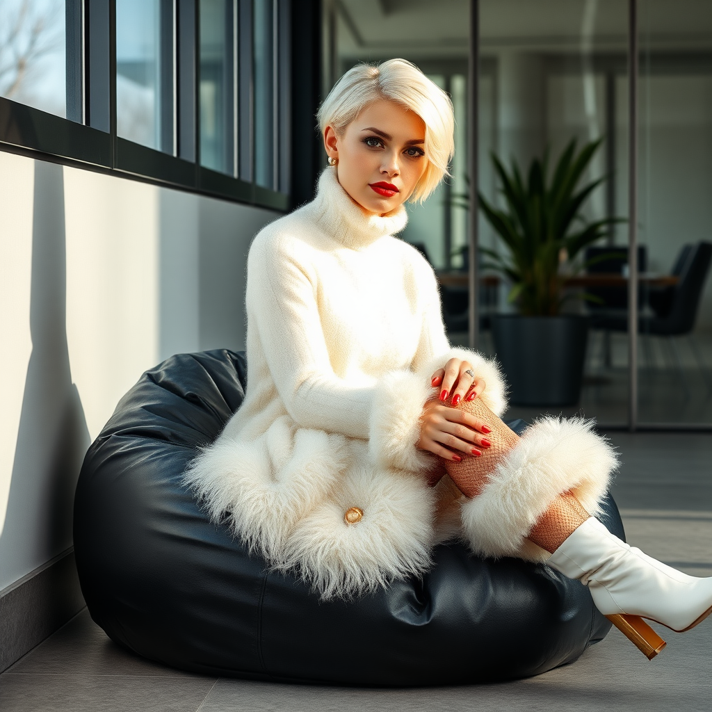 Sunny spring morning, modern glass-steel-concrete office, sitting on black leather beanbag at wall, waiting for the master: Ana, European 17 years old very convincing femboy “trophy-bimbo”, tamed servile docile, very beautiful feminine flawless face, rather short boyish figure, platinum blond short tight curls, bold red lips, heavily made-up face, long French nails, wearing Supertanya-style chunky fluffy very fuzzy bright white plushy mohair figure-hugging turtleneck-knitdress with wide tight fluffy hem and fluffy wrists, white vinyl anklet-boots with golden heels, mesh pantyhose, pearl earrings, serious, leaning forward presenting her assets, arrogantly looking at camera.