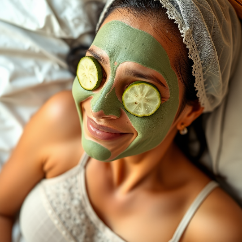 A skinny, traditional, 30-year-old Indian wife with hair covering, wearing a bra, lying on a bed. Her face is covered with a green face mask, and her eyes are covered with cucumber slices. She looks satisfied from her facial expression.