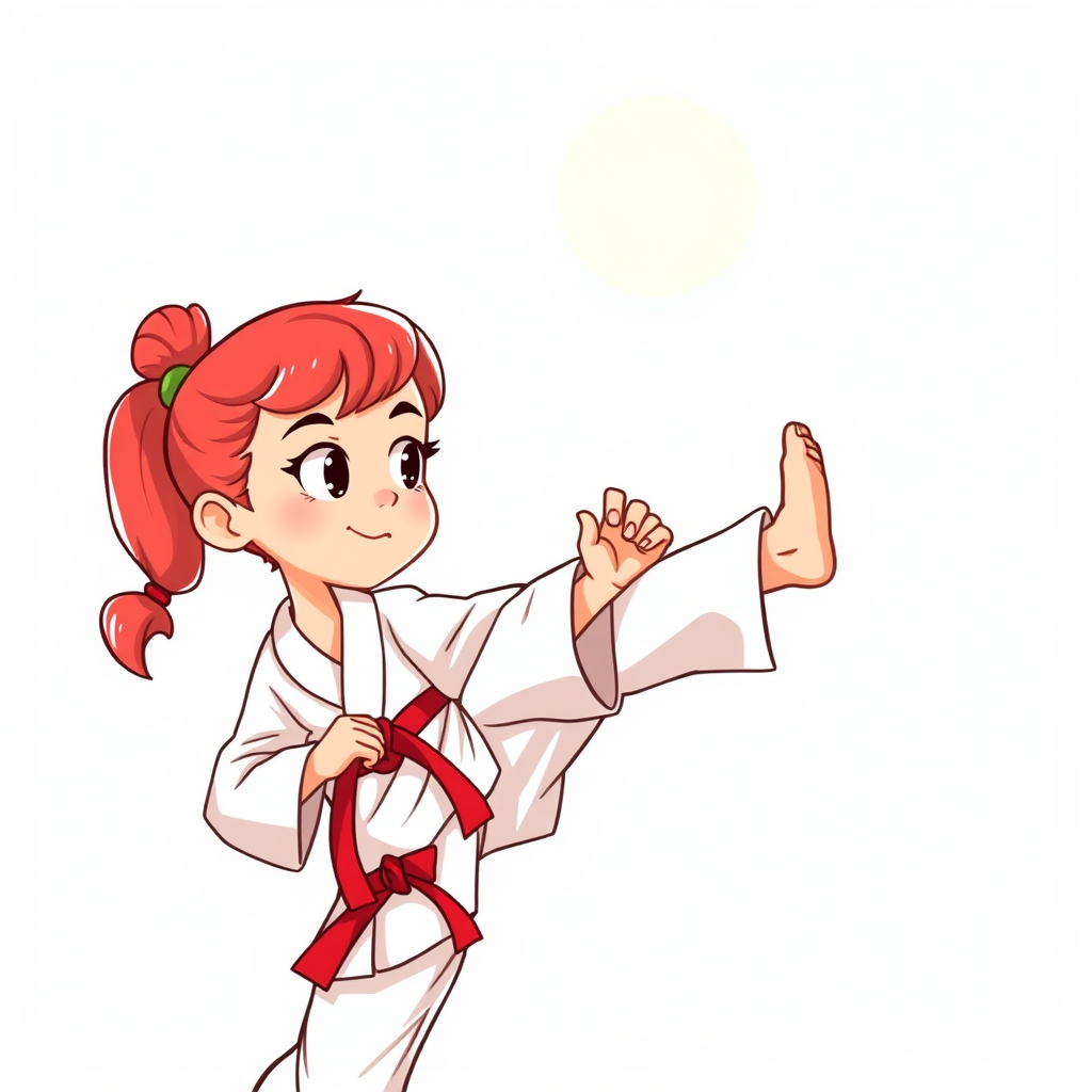 8 year-old girl with strawberry blonde hair doing karate in a cartoon image