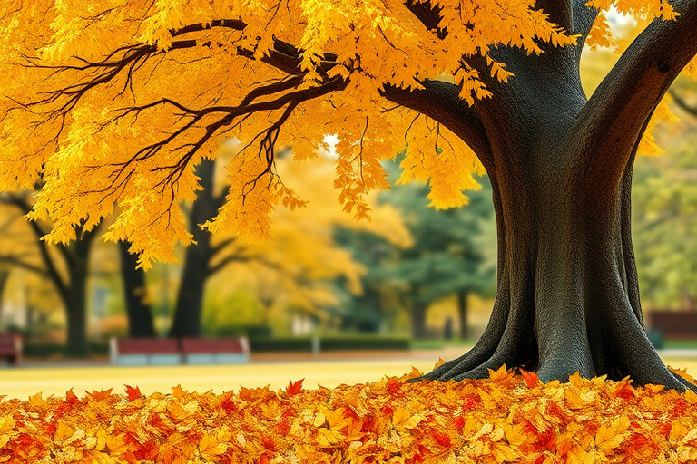 Draw it as if it were real, with an old, large, yellow ginkgo tree standing on the right, and ginkgo leaves piled up underneath, to express the fall when the ginkgo leaves fall, and the background should be out of focus to express an autumn park.